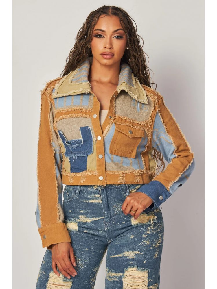 Colorblock Fuzzy Trim Lapel Denim Jackets