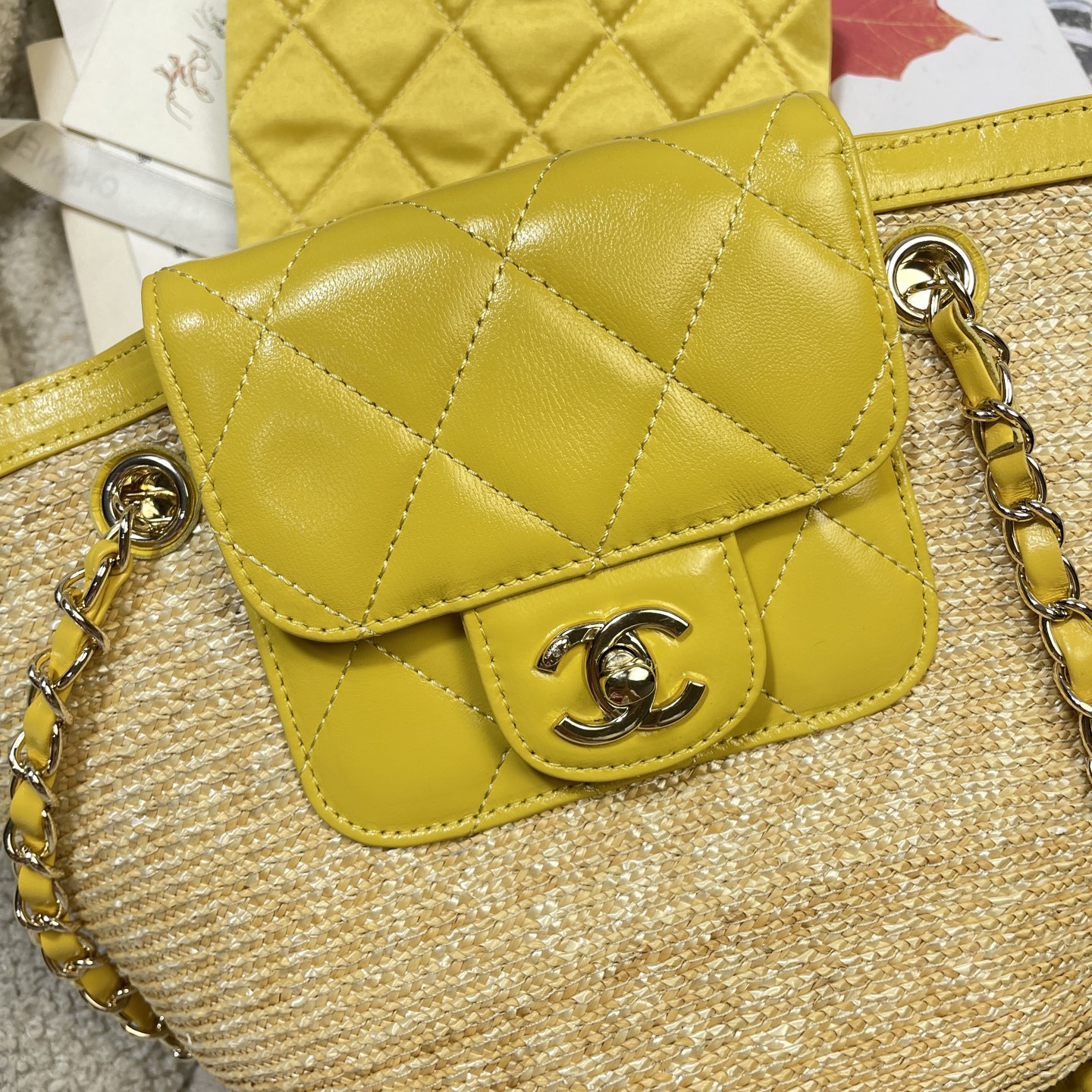 Straw and Lambskin Small Tote Bag with Pouch in Bright Yellow with Light Gold Hardware - Mocuir