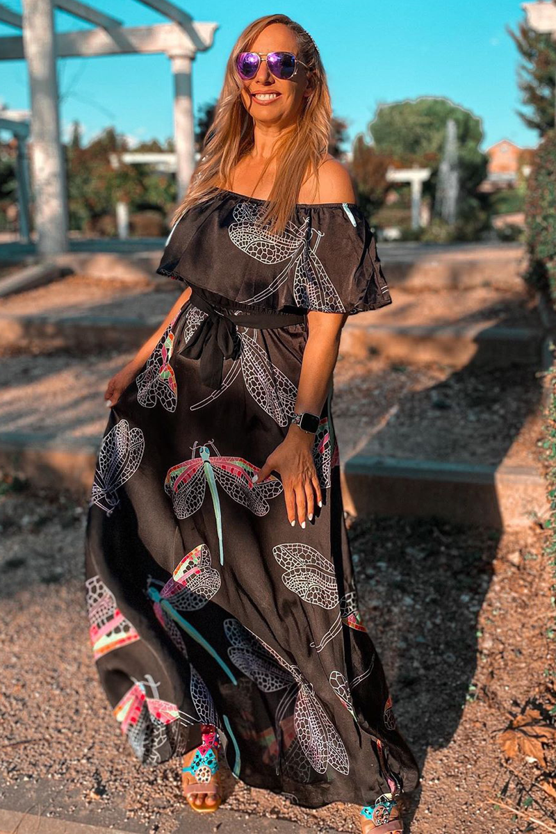 Dragonfly Print Off the Shoulder Belted Dress