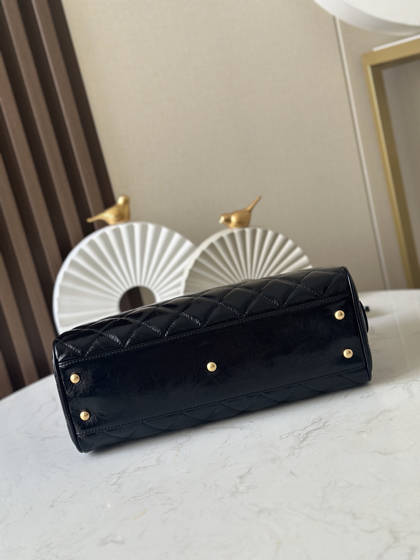 25A Small Bowling Bag in Black Quilted Crinkled Patent Calfskin with Gold-Tone Hardware - Mocuir