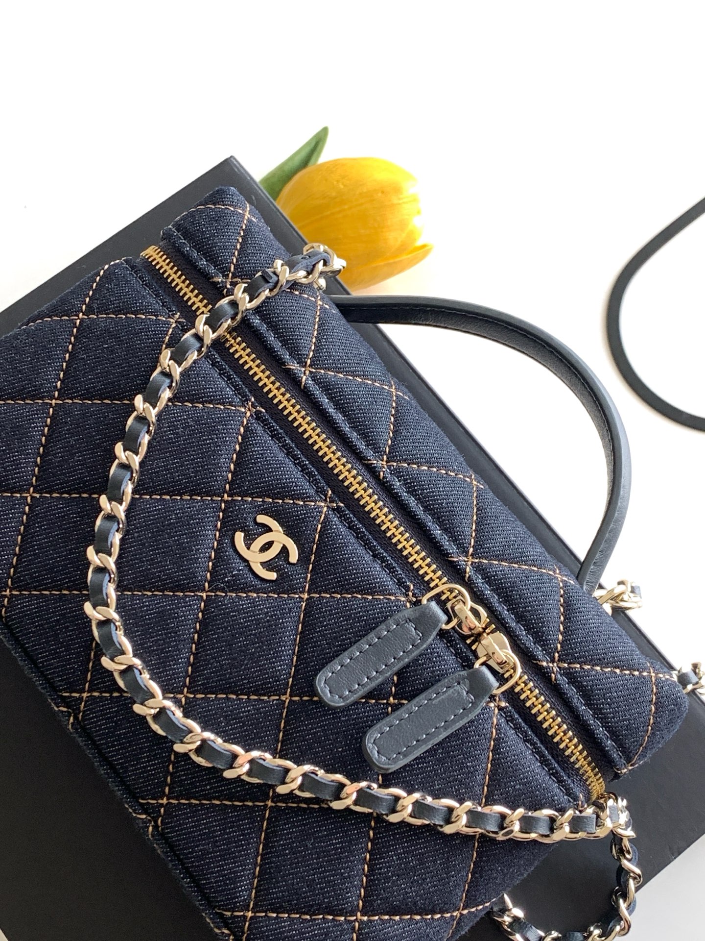 26P Pre-Collection Quilted Denim LP Top Handle Vanity Case in Dark Blue with Gold Hardware (Model AP4385) - Mocuir