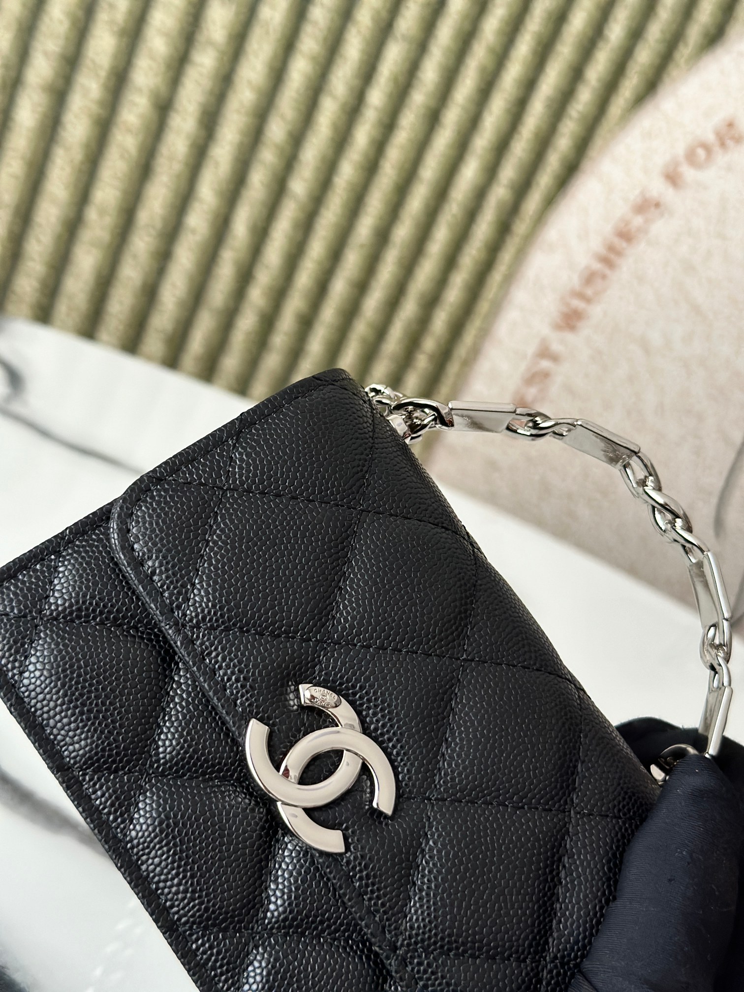 Mini Classic Flap with Chain Top Handle in Black Quilted Caviar Leather with Silver-Tone Hardware - Mocuir