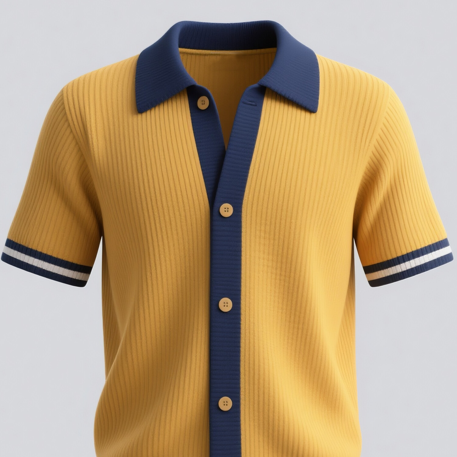 Men's Ribbed Knit Colorblock Striped Button Short Sleeve Shirt