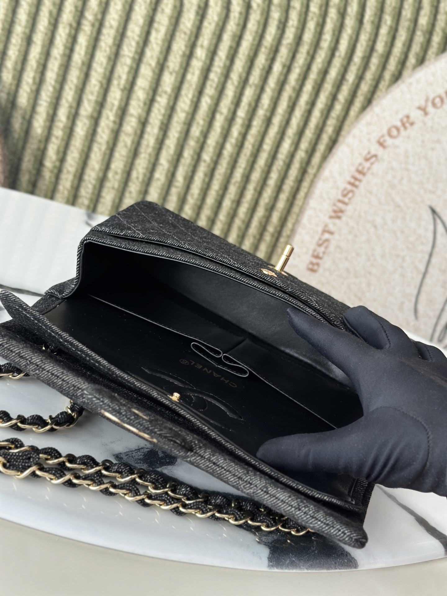 Black Denim Quilted Medium Classic Flap Bag with Gold Hardware - Mocuir