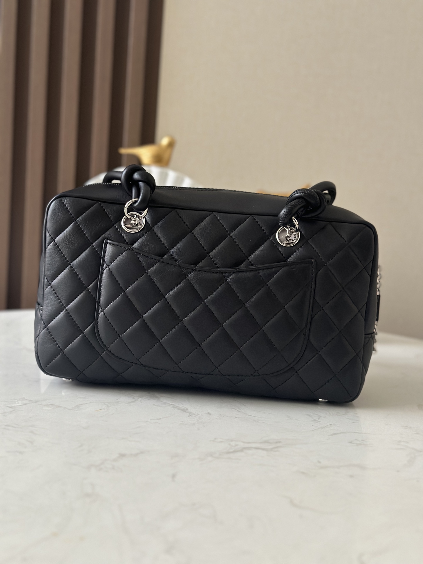 Black & White Quilted Cambon Bowling Bag with Silver Hardware - Mocuir