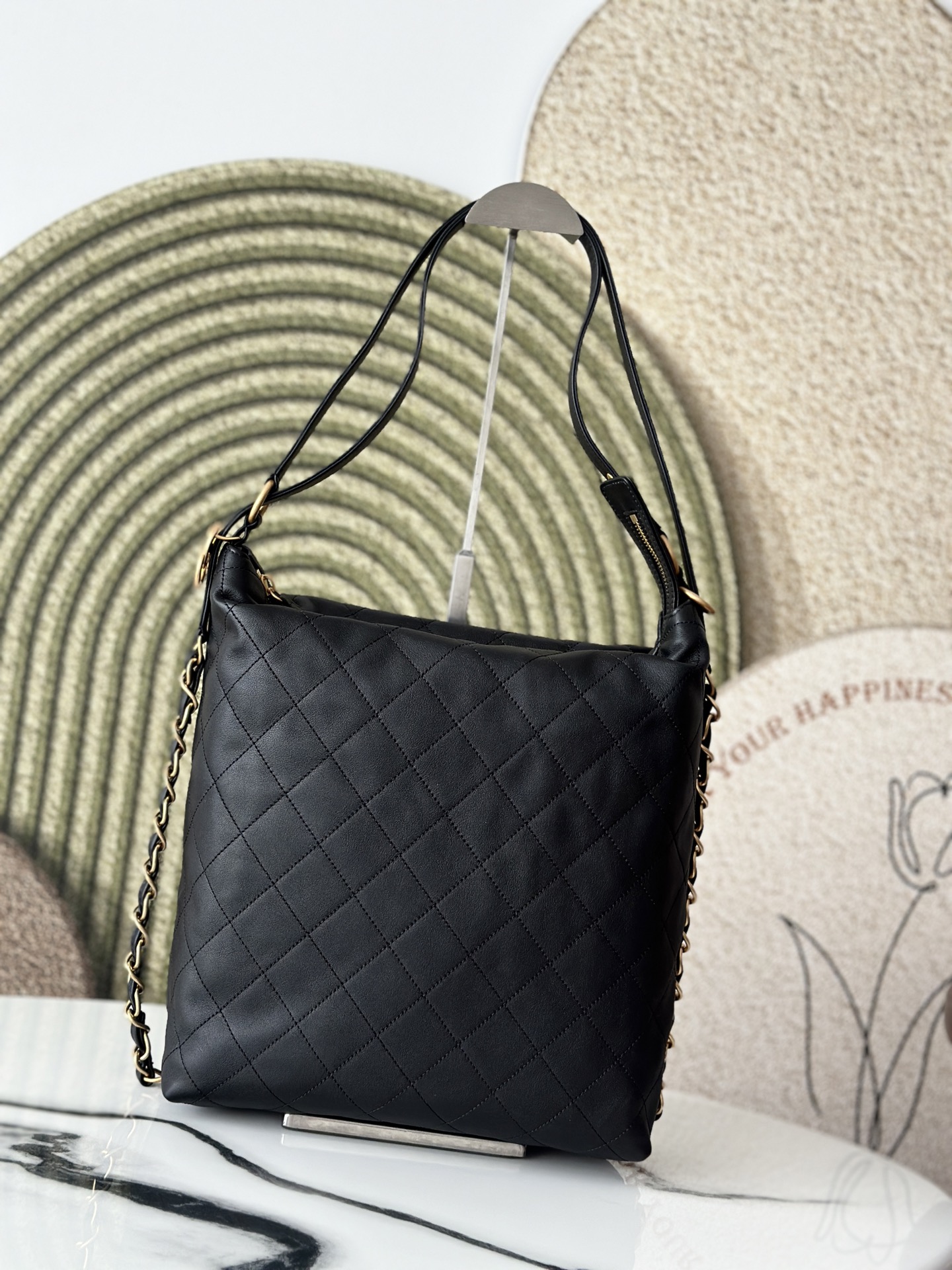 Quilted Calfskin Large Hobo Bag in Black Calfskin with Gold-Tone Hardware - Mocuir