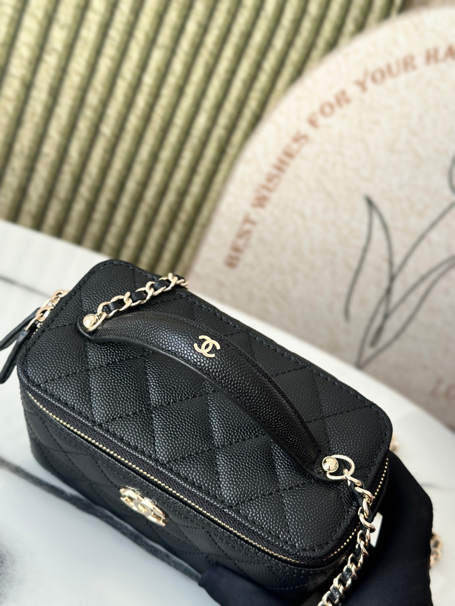Mini Rectangular Vanity Case with Top Handle in Black Quilted Caviar Leather with Gold-Tone Hardware - Mocuir