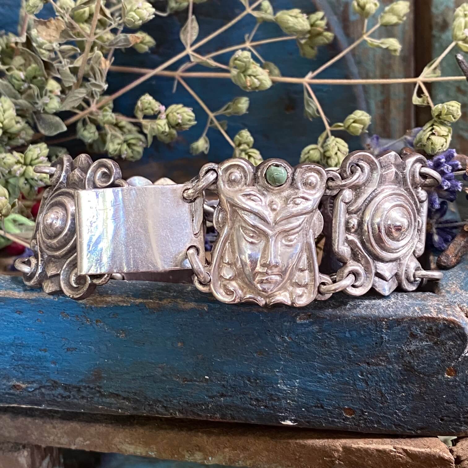 Old Mexico Sterling Silver Panel Bracelet Turquoise Faces