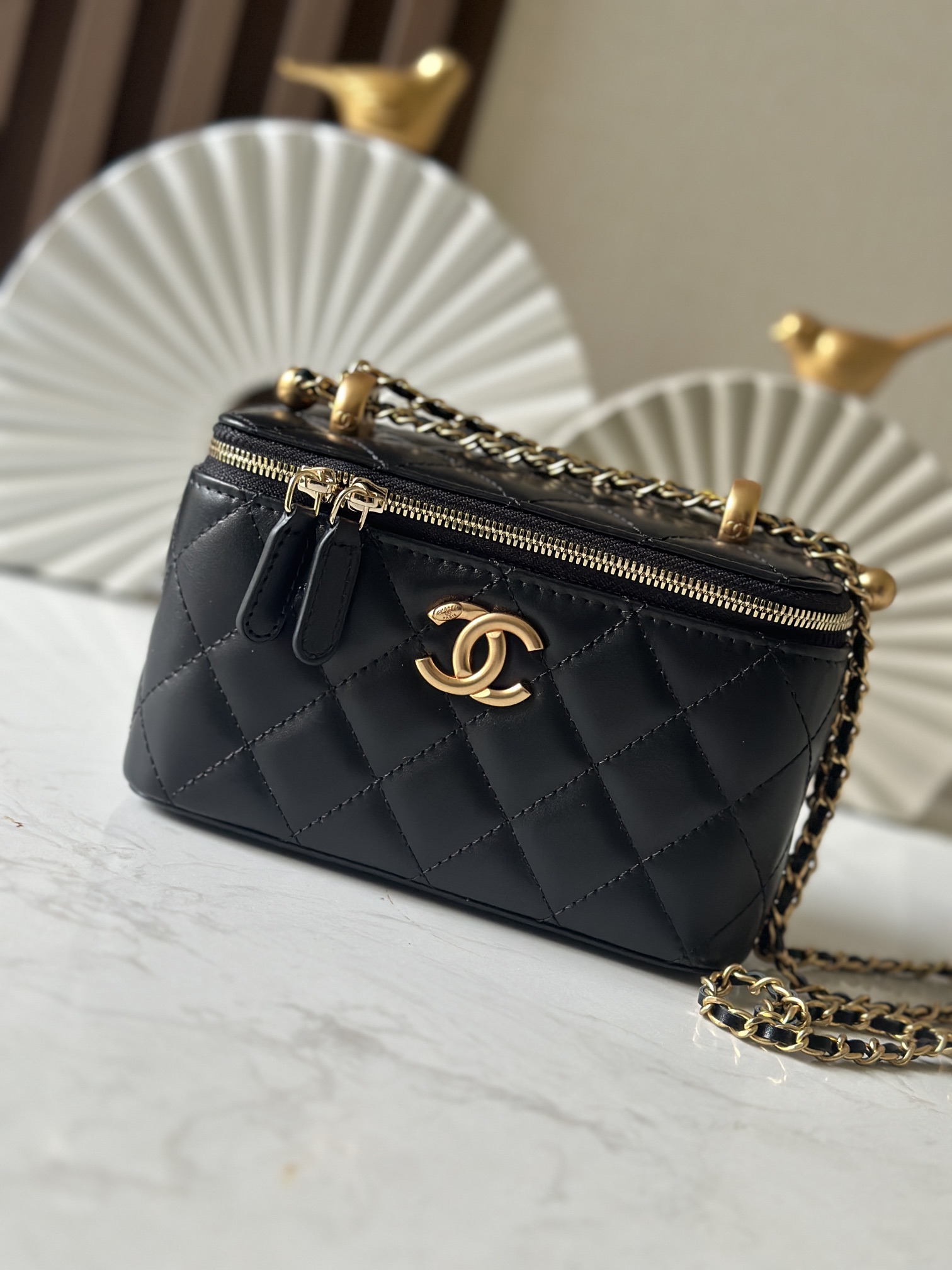 Black Shiny Lambskin Quilted Vanity Case (Long Style) with Double Gold Pearl Chain Hardware - Mocuir