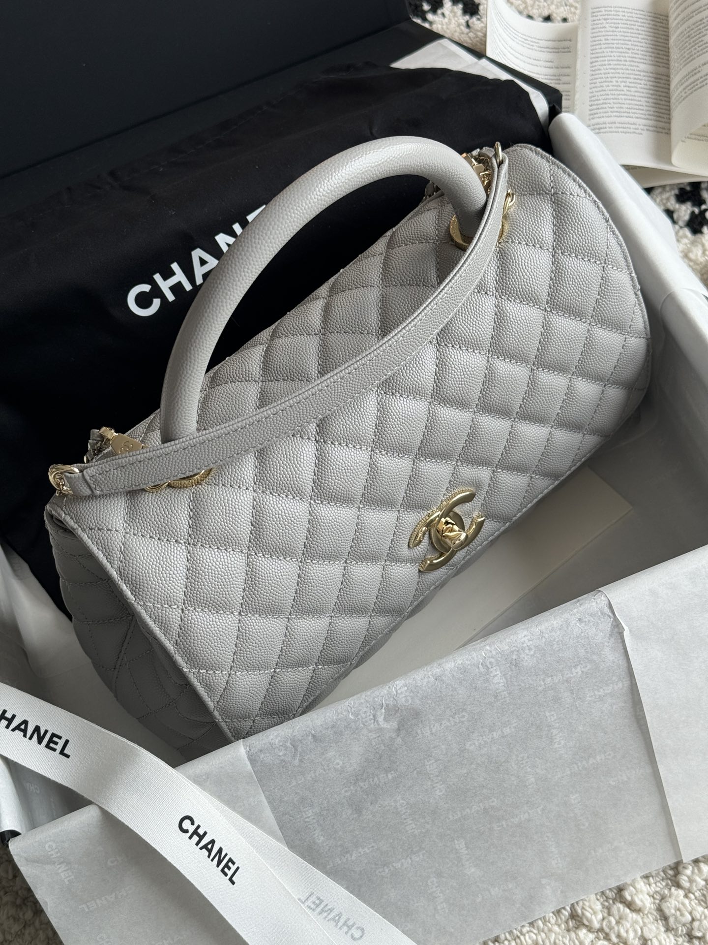 Small Coco Handle Flap Bag in Light Grey Quilted Caviar Leather with Light Gold-Tone Hardware - Mocuir