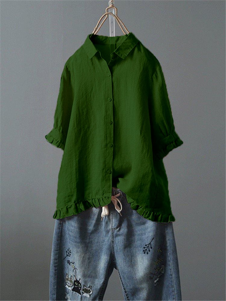 Solid Casual 3/4 Sleeve Turn-down Collar Casual Tops