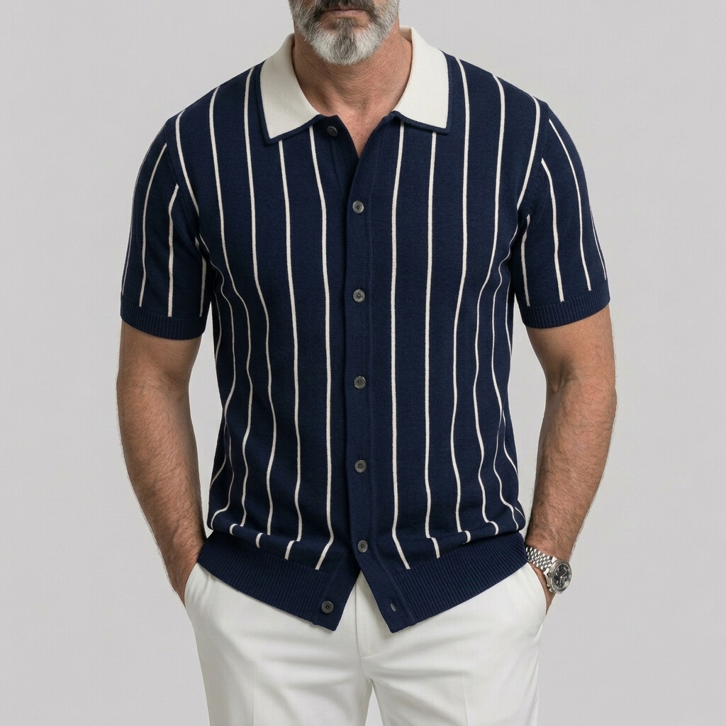 Men's Striped Pattern Contrast Turndown Collar Business Casual Short Sleeve Shirt