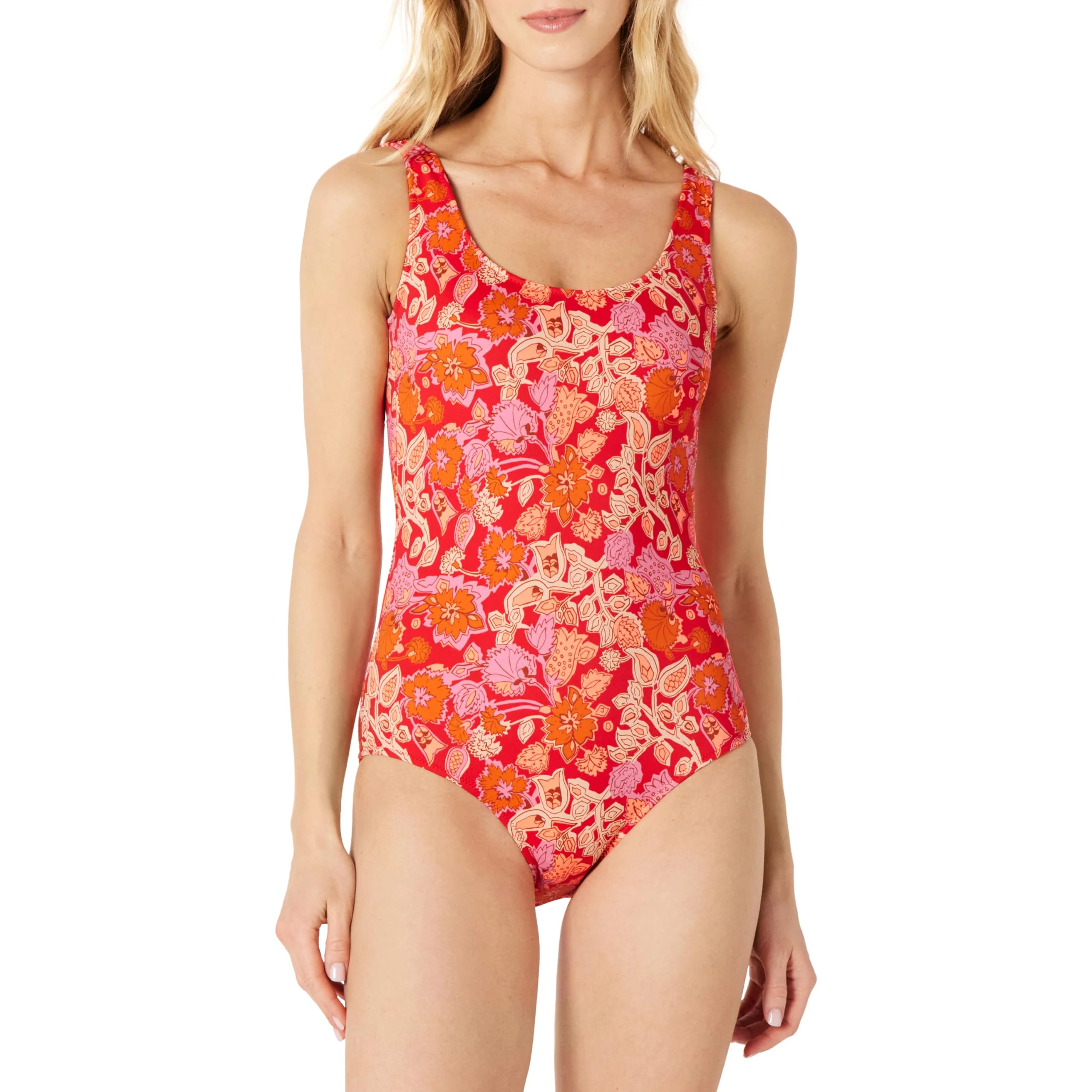 One-Piece Coverage Swimsuit Bright Red Folk Floral Multi