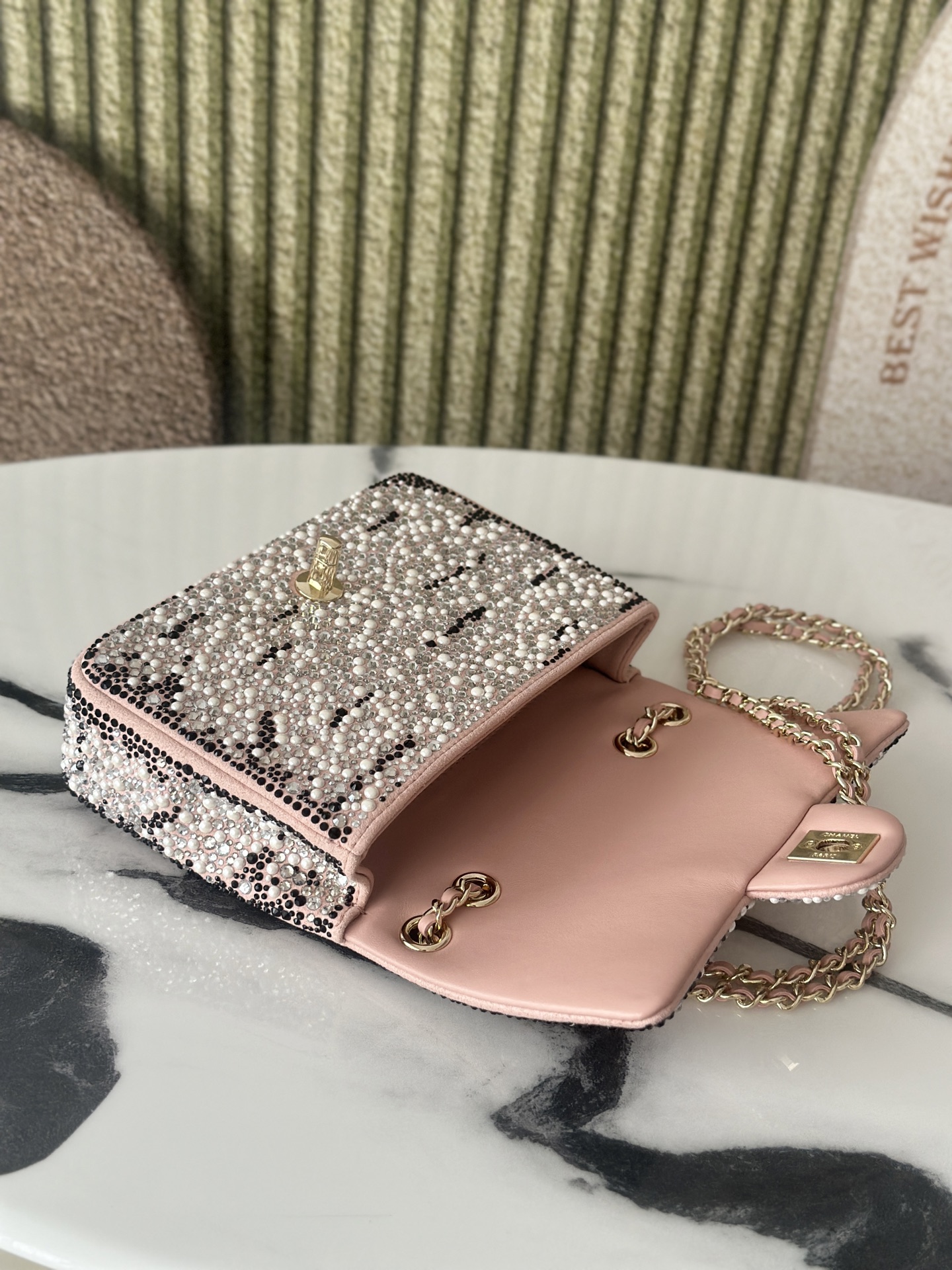 24C25C Small Classic Flap Bag in Sakura Pink Crystal & Pearl Embellished Lambskin with Leopard Pattern & Light Gold-Tone Hardware - Mocuir
