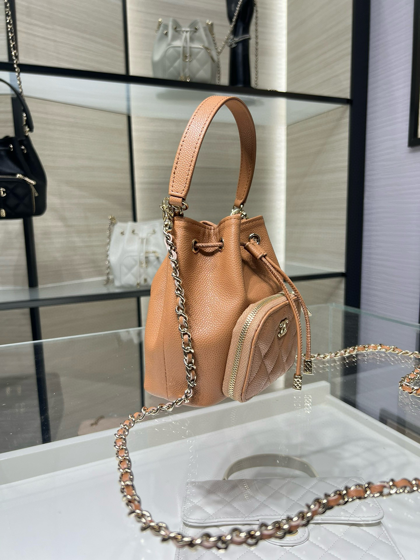 Small Drawstring Bucket Bag in Apricot Quilted Grained Calfskin with Gold-Tone Metal (Model AP4775) - Mocuir