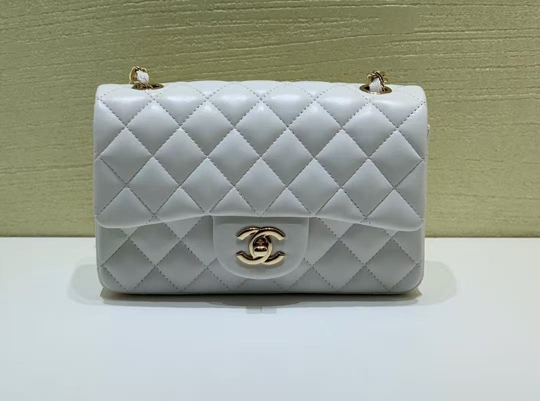 Classic Flap Mini Rectangular Bag (A35200) in White Lambskin with Gold-Tone Hardware, Timeless Classic Line - Mocuir