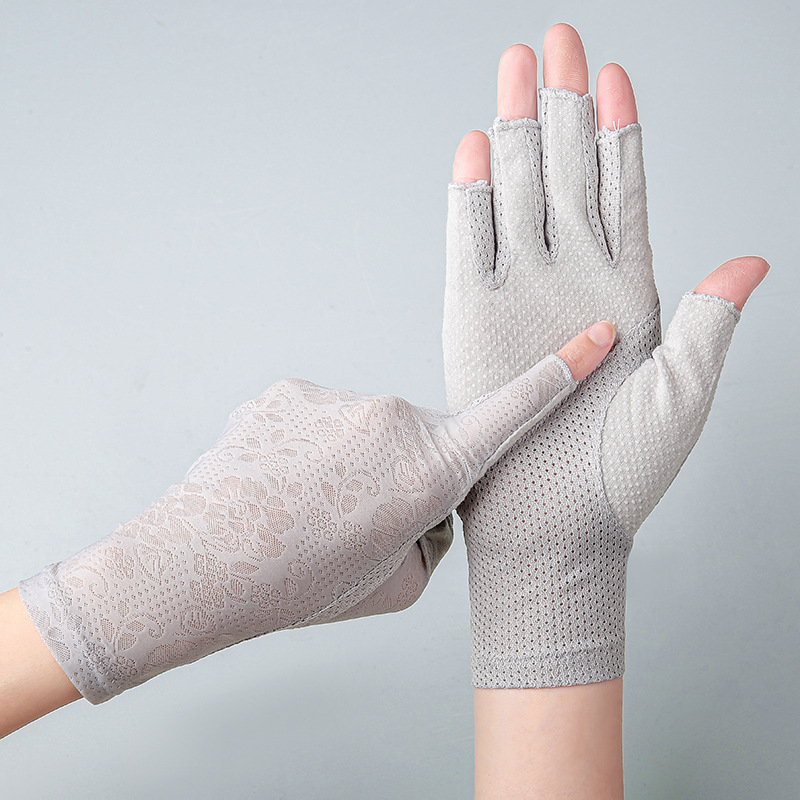Spring and Summer Half-Finger Women's Ice Silk Fingerless Gloves for Manicure, Tea Picking, Cycling, Driving, Non-Slip, Sun Protection, Touchscreen Compatible