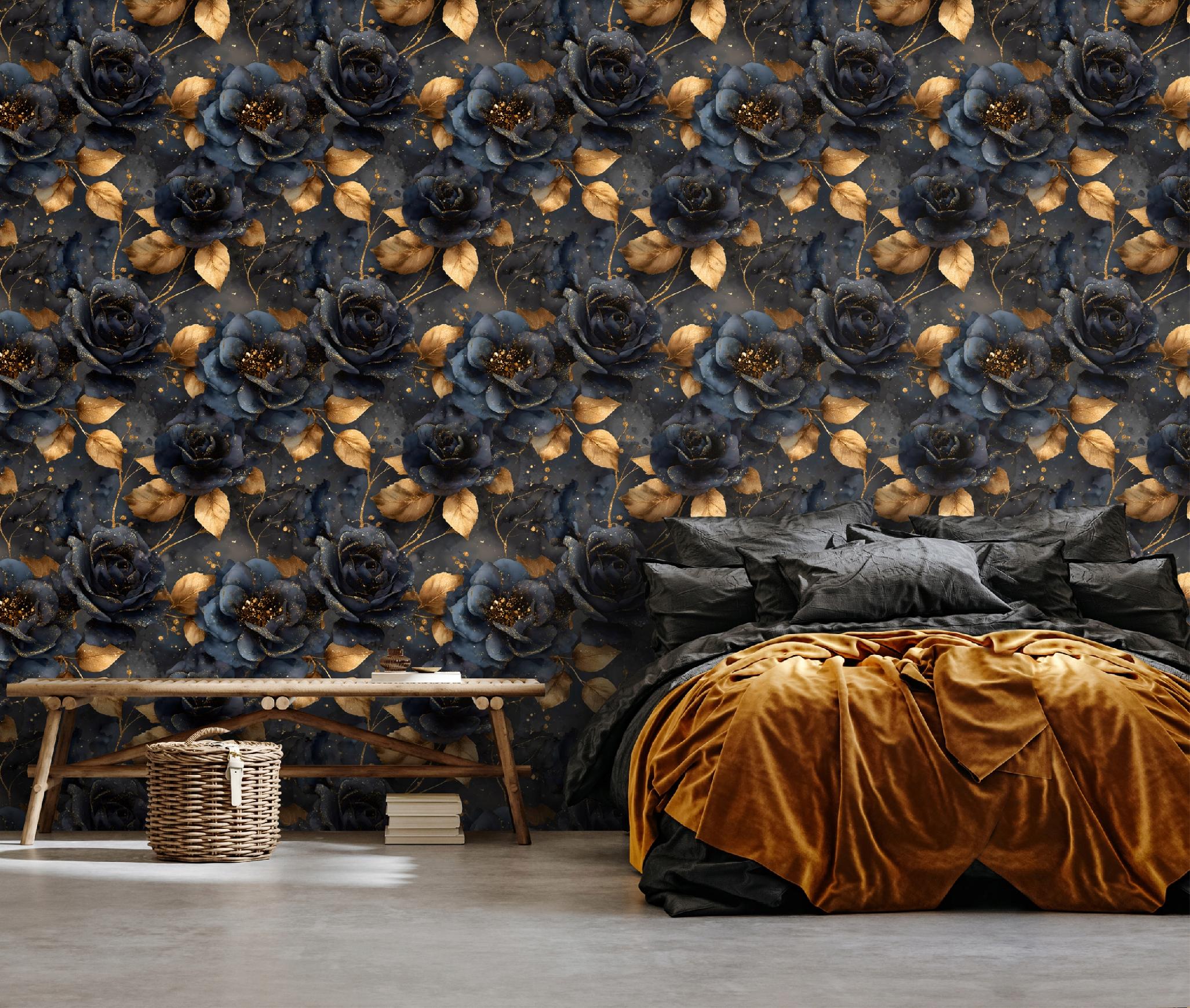 Wallpaper with black flowers on non-woven fabric for living room and bedroom walls