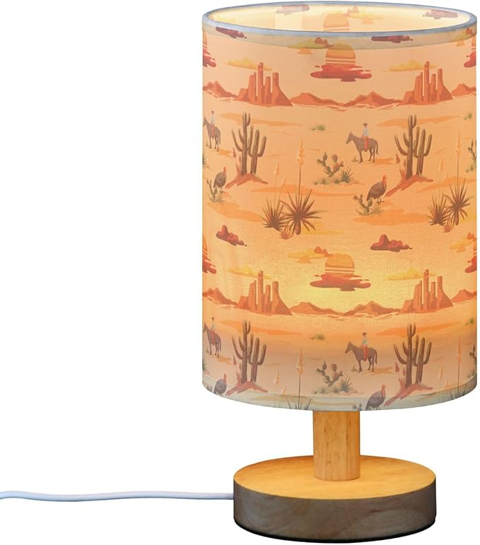 Table Lamp Vintage Desert Sunset Pattern Cactus Mountain Cowboy Horse Turkey Nightstand Lamp