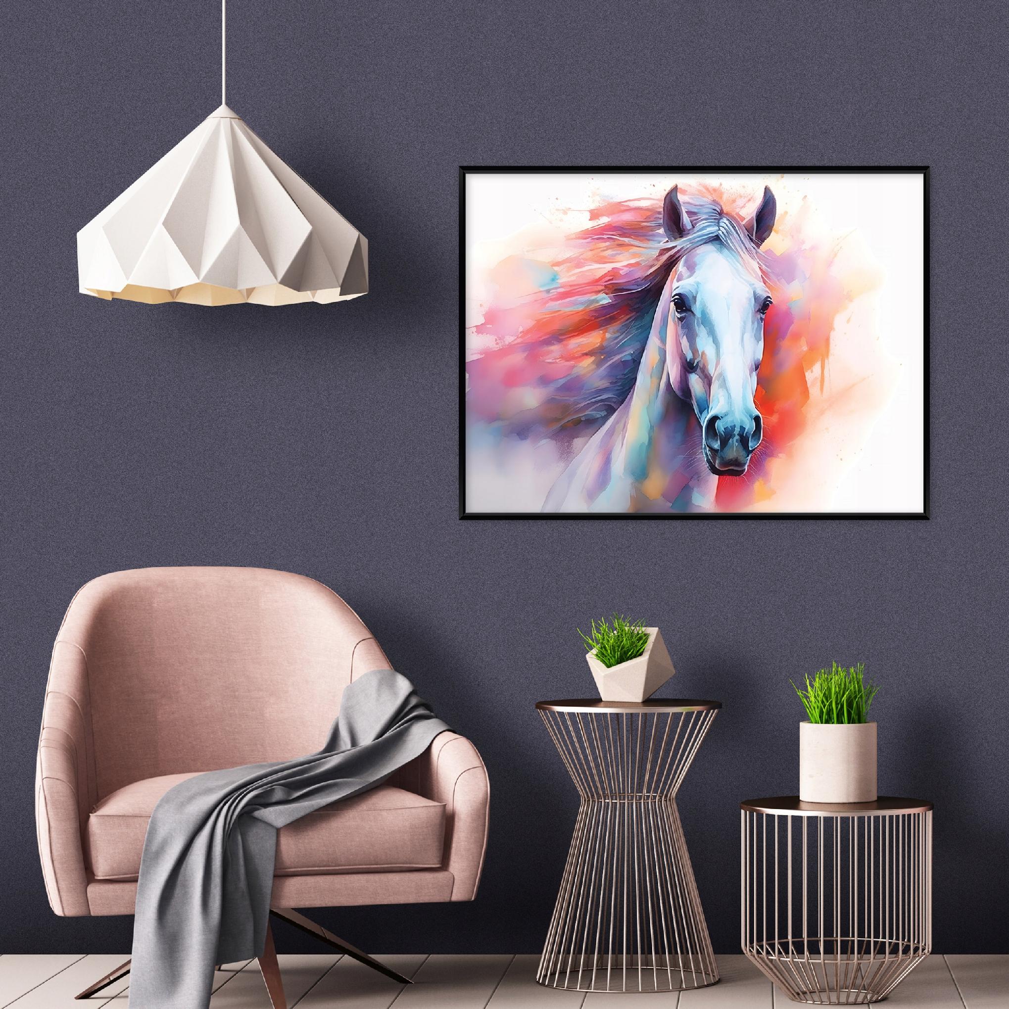 Black-framed canvas painting of a horse in watercolor, pink, living room or bedroom, 40x30