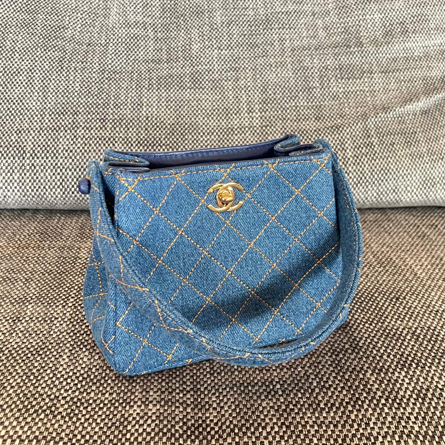Vintage Blue Denim Quilted Mini Kelly Handbag with Gold-Tone CC Turn-Lock - Mocuir