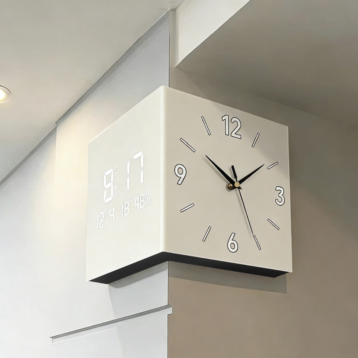 Modern Simple Living Room Double-Sided Corner Wall Clock Cream Style Punch-Free Home Creative Clock Wall Lamp Watch Hanging Picture