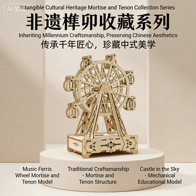 Mortise and Tenon DIY Rotating Ferris Wheel Music Box Kit | 3D Wooden Puzzle Nail-Free Glue-Free | Intangible Cultural Heritage Handicraft STEM Educational Toy for Kids & Adults | Home Decor Romantic Gift for Music Lovers榫卯 DIY 可旋转摩天轮八音盒套件 | 3D 木质立体
