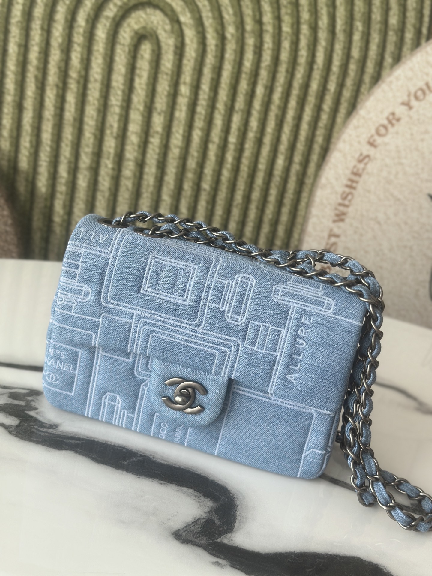 Classic Single Flap Bag in Light Blue Denim with Perfume Bottle Print (Silver Hardware) - Mocuir