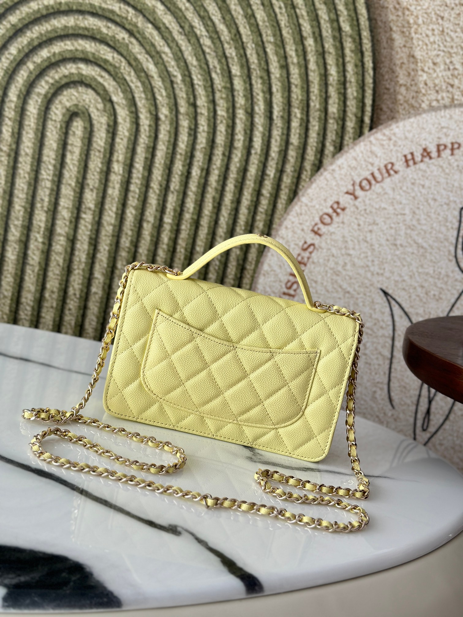 Classic Flap Mini Bag with Top Handle in Lemon Yellow Caviar Leather with Light Gold Hardware (Model AP3341) - Mocuir