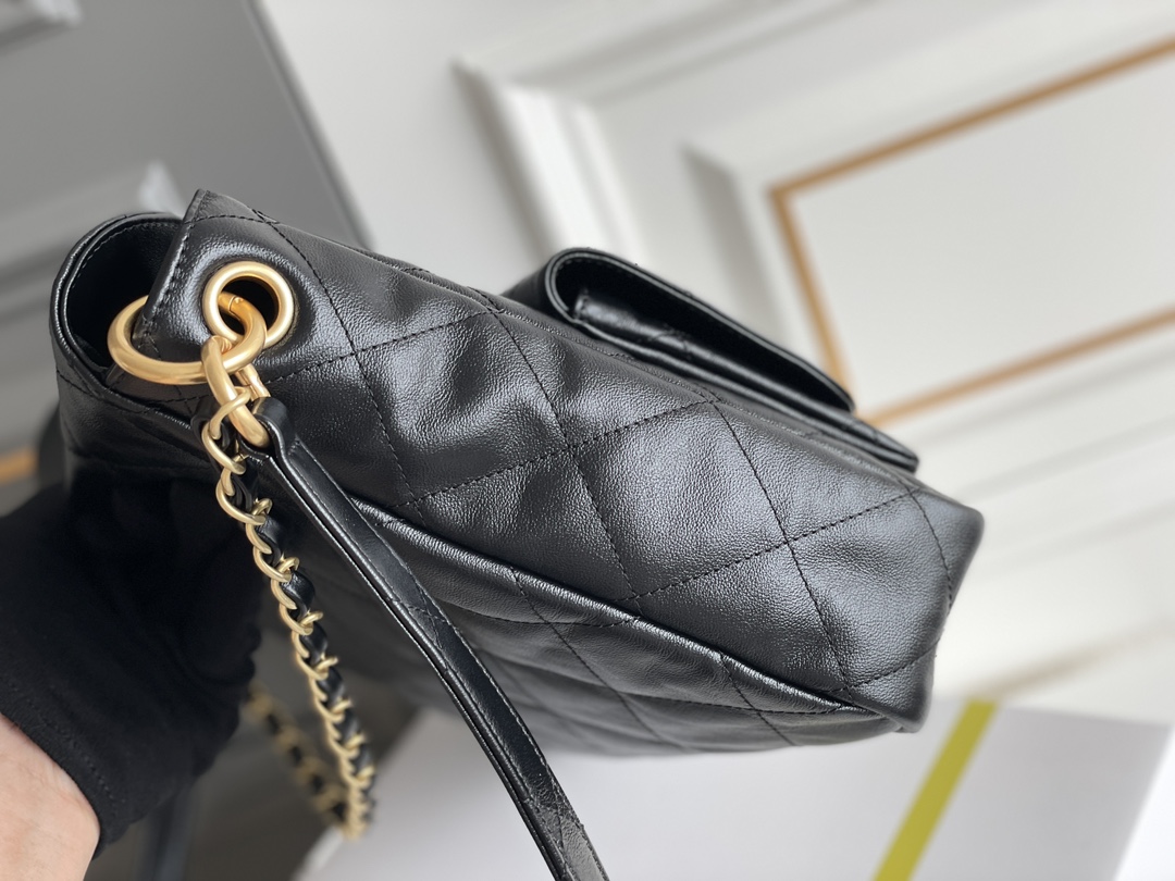 24P Large Hobo Messenger Bag in Black Quilted Shiny Calfskin with Aged Gold-Tone Hardware (Model AS4668) - Mocuir