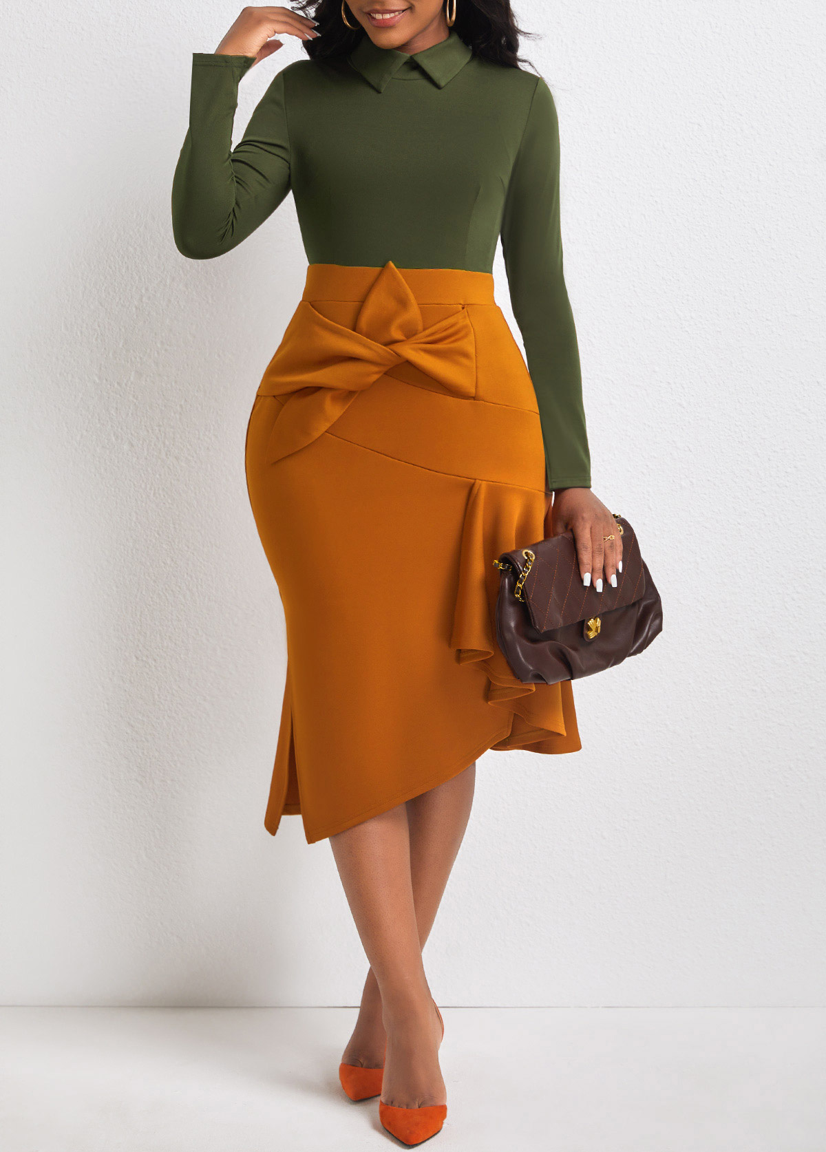 Blackish Green Contrast Bowknot Side Slit Dress