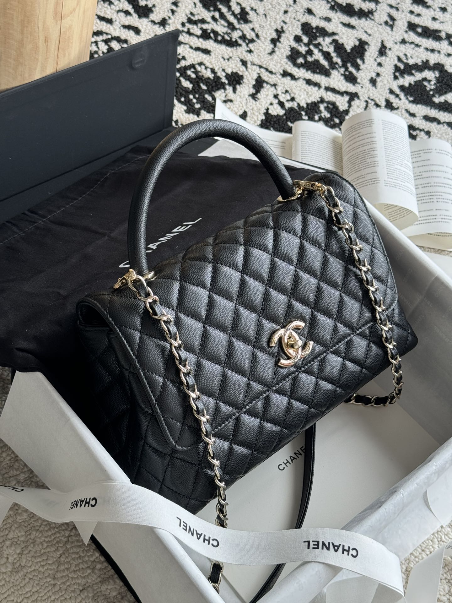 Small Coco Handle Flap Bag in Black Quilted Caviar Leather with Light Gold-Tone Hardware - Mocuir