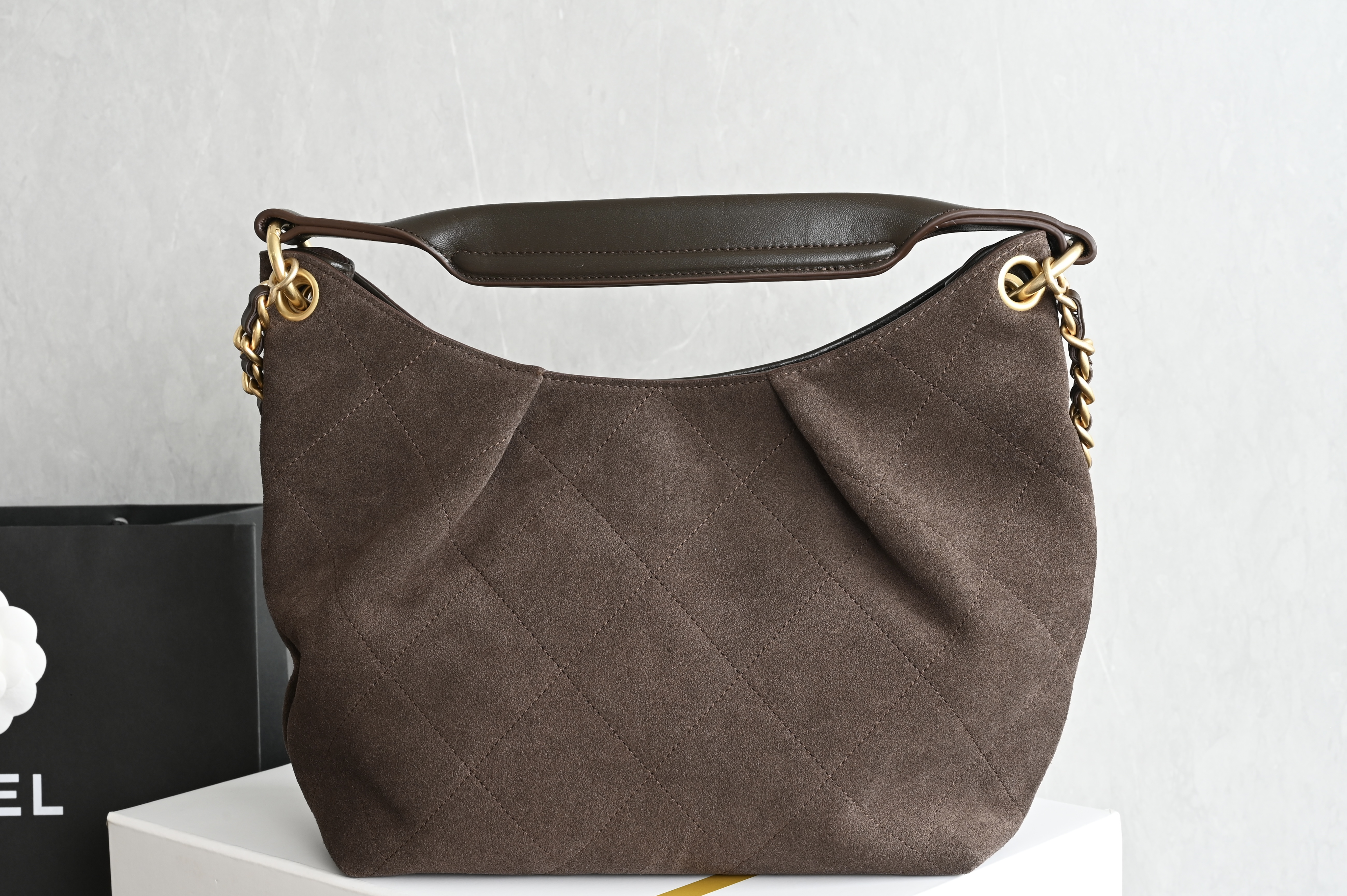 26C Hobo Shoulder Bag in Dark Brown Quilted Suede Calfskin with Light Gold-Tone Hardware - Mocuir