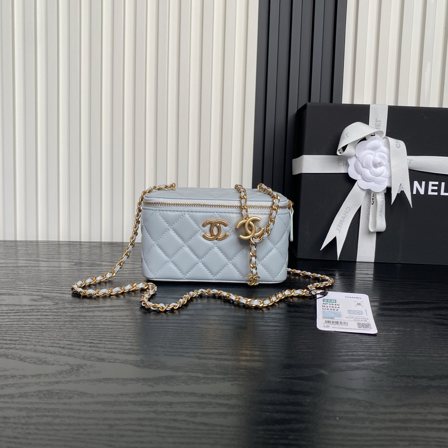 Small Vanity Case with Chain (AP3940) in Light Blue Shiny Lambskin with Gold-Tone Hardware, 25B Fall-Winter Collection - Mocuir