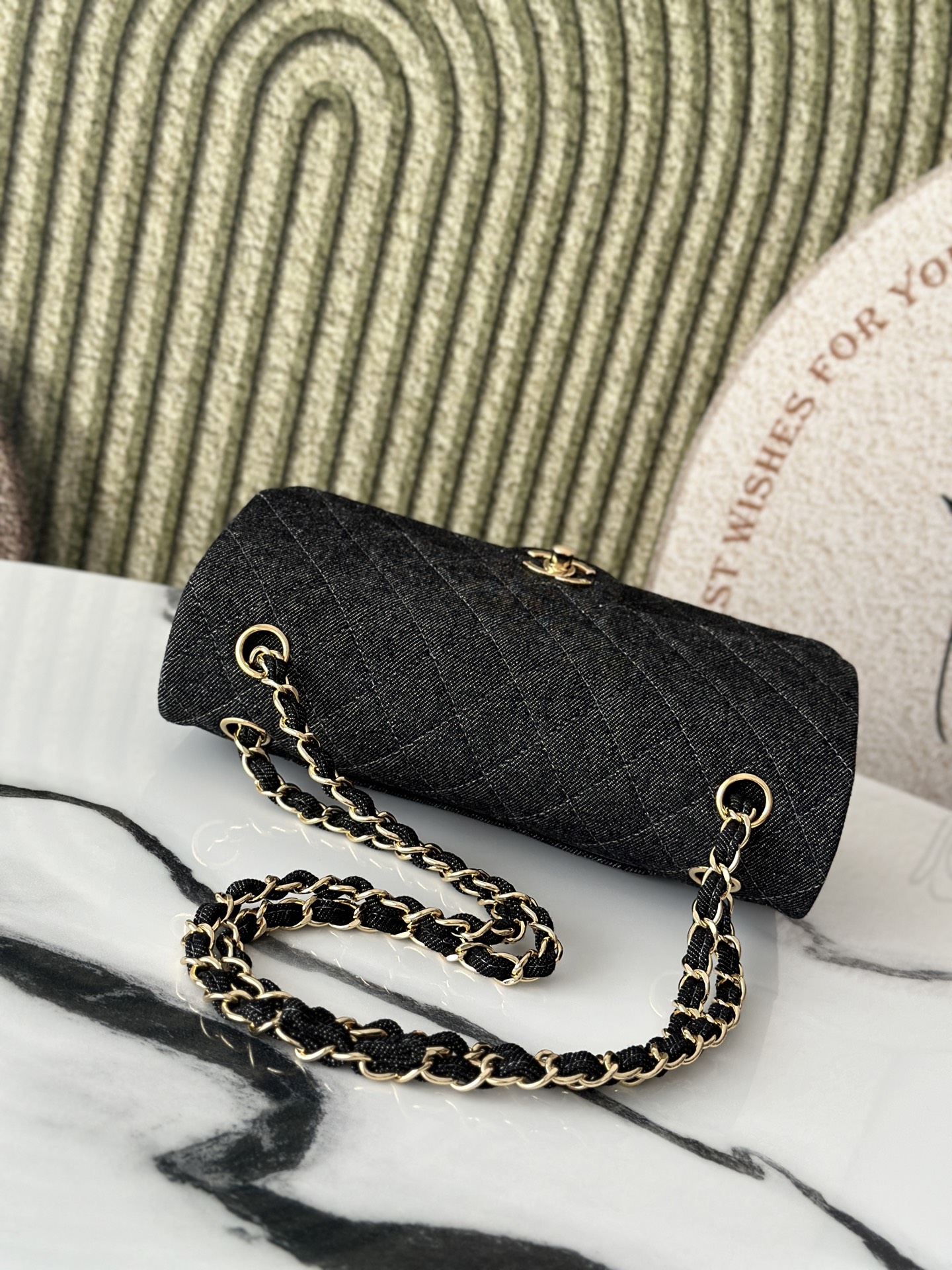 Black Denim Quilted Medium Classic Flap Bag with Gold Hardware - Mocuir