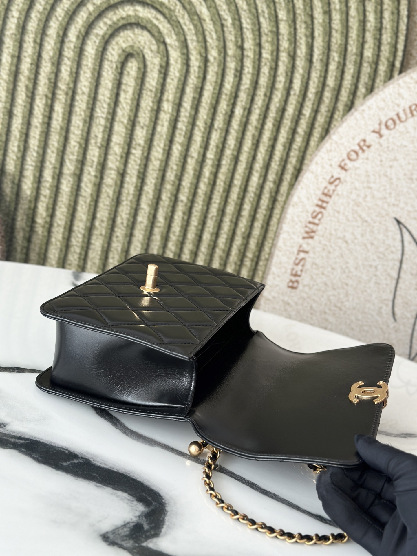 Small Flap Bag with Pearl Chain Detail in Black Shiny Calfskin with Gold-Tone Hardware - Mocuir