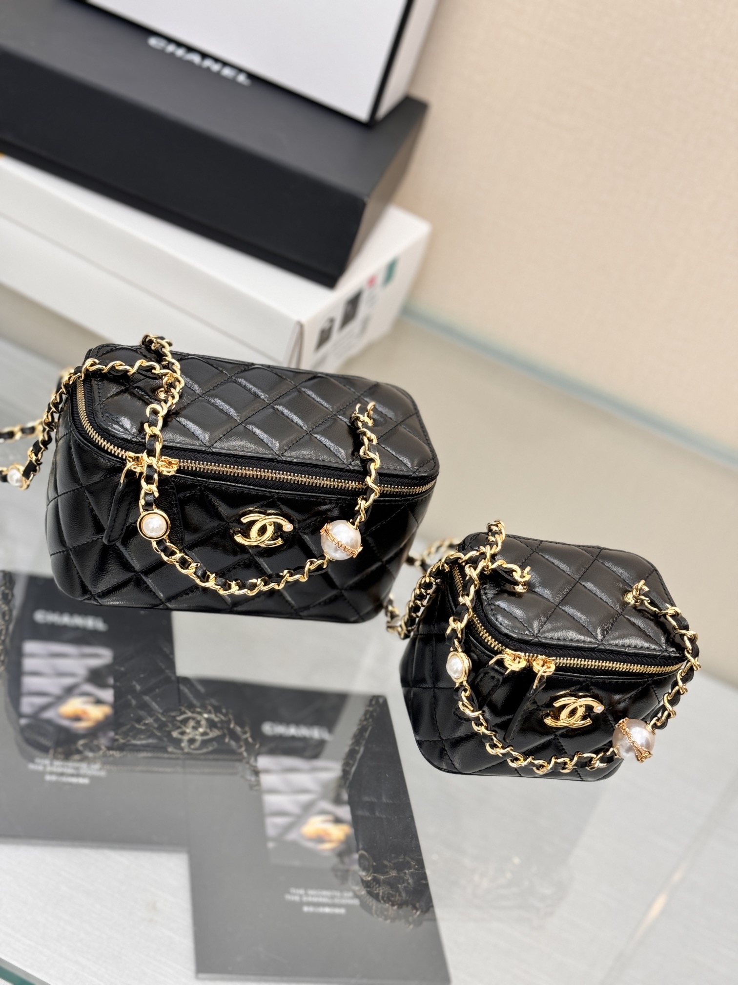 Long Vanity Case with Chain & Pearl Detail in Black Quilted Lambskin with Light Gold-Tone Hardware - Mocuir