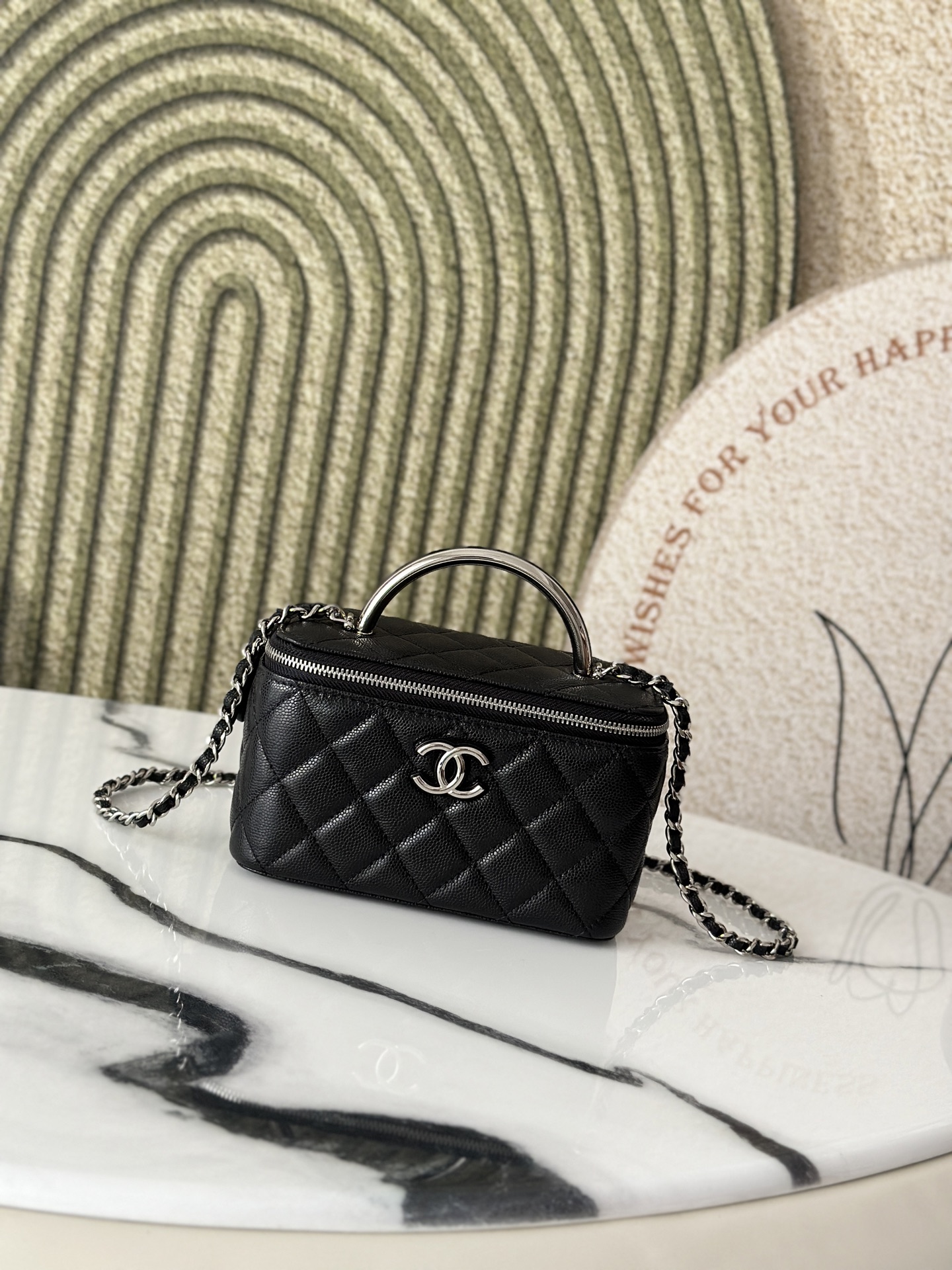 Black Caviar Quilted Vanity Case with Silver Metal Handle & Silver Hardware - Mocuir