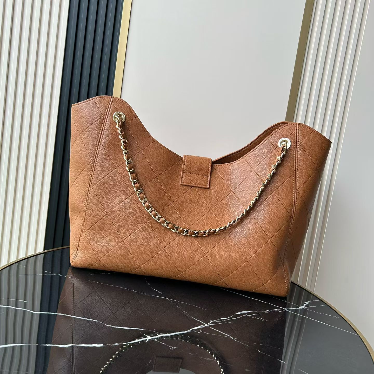 25K Caramel Quilted Caviar Leather Tote Handbag with Gold-Tone Hardware - Mocuir