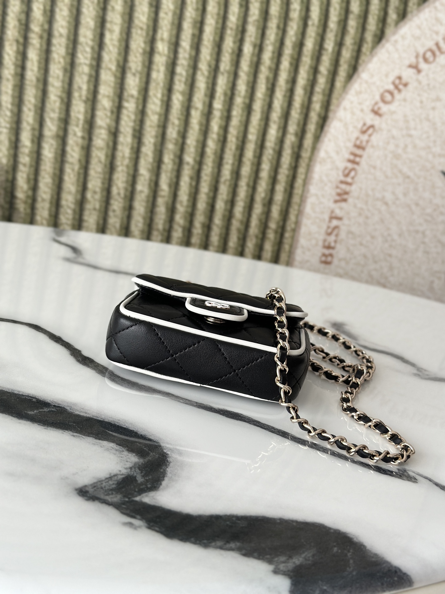 Mini Classic Flap in Black Quilted Lambskin with White Piping and SilverGold-Tone Hardware - Mocuir