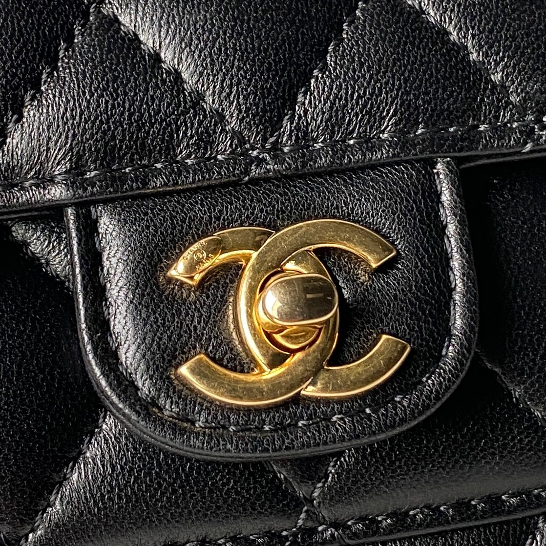 Mini Top Handle Flap Messenger Bag in Black Quilted Lambskin with Light Gold-Tone Hardware - Mocuir