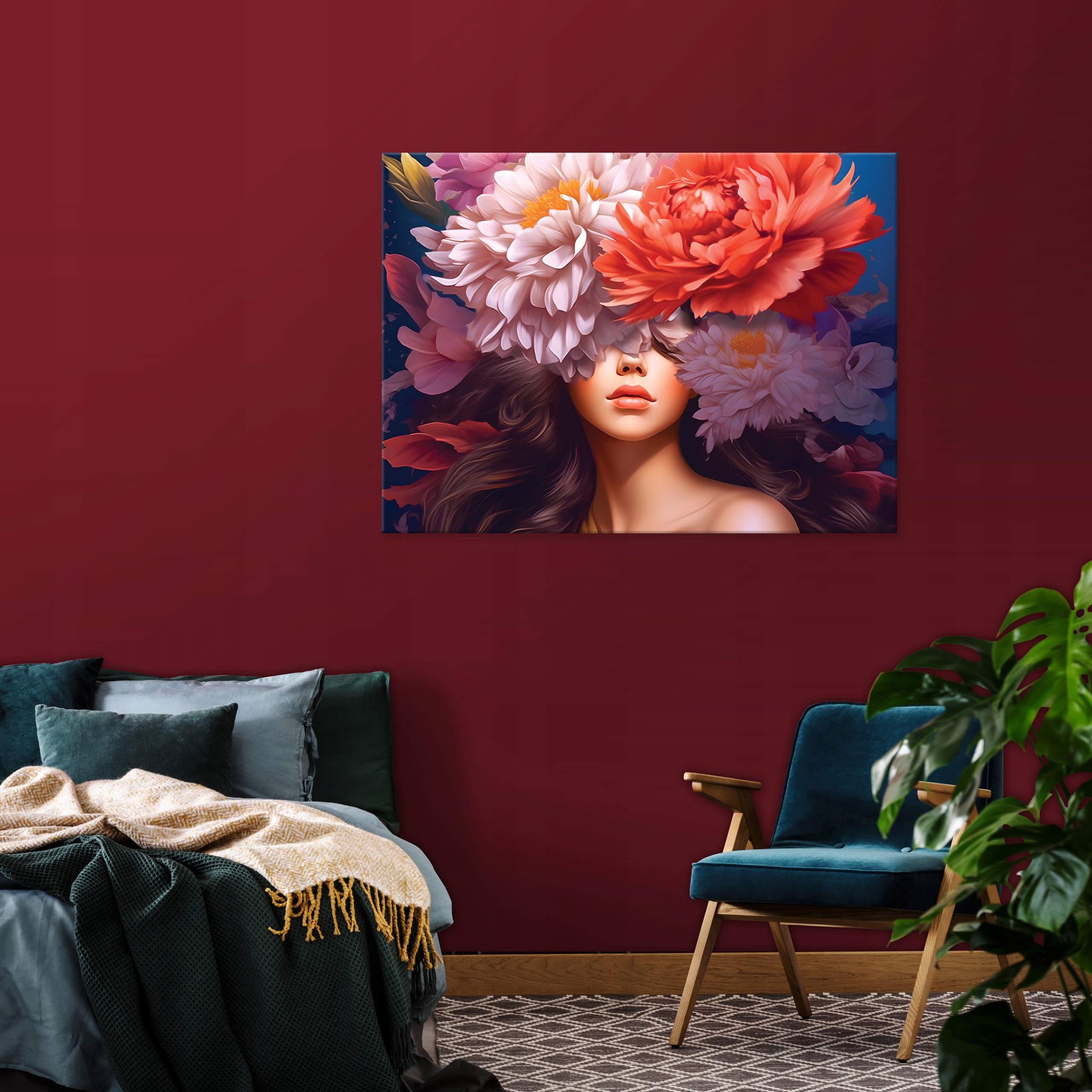 Painting of a woman with peony flowers in pastel colors for the bedroom or living room, on canvas, 40x30