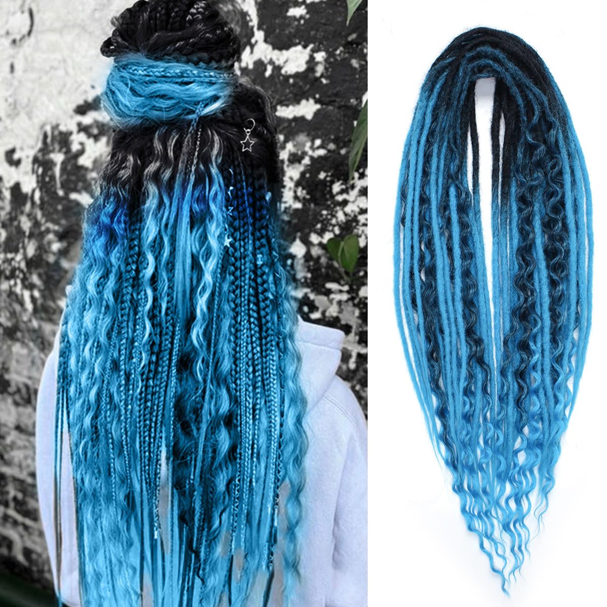 24 Inch 3 In 1 Dreadlock Extensions Sets, 30 Strands Mixed Ombre Blue Synthetic DE Dreads Extensions, 100% Handmade Soft Double Ended Curly Boho Wavy Dreads for Girls