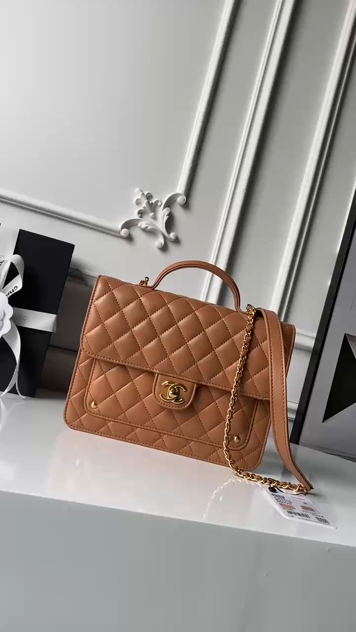 Top Handle Flap Messenger Backpack in Caramel Quilted Lambskin with Light Gold-Tone Hardware - Mocuir