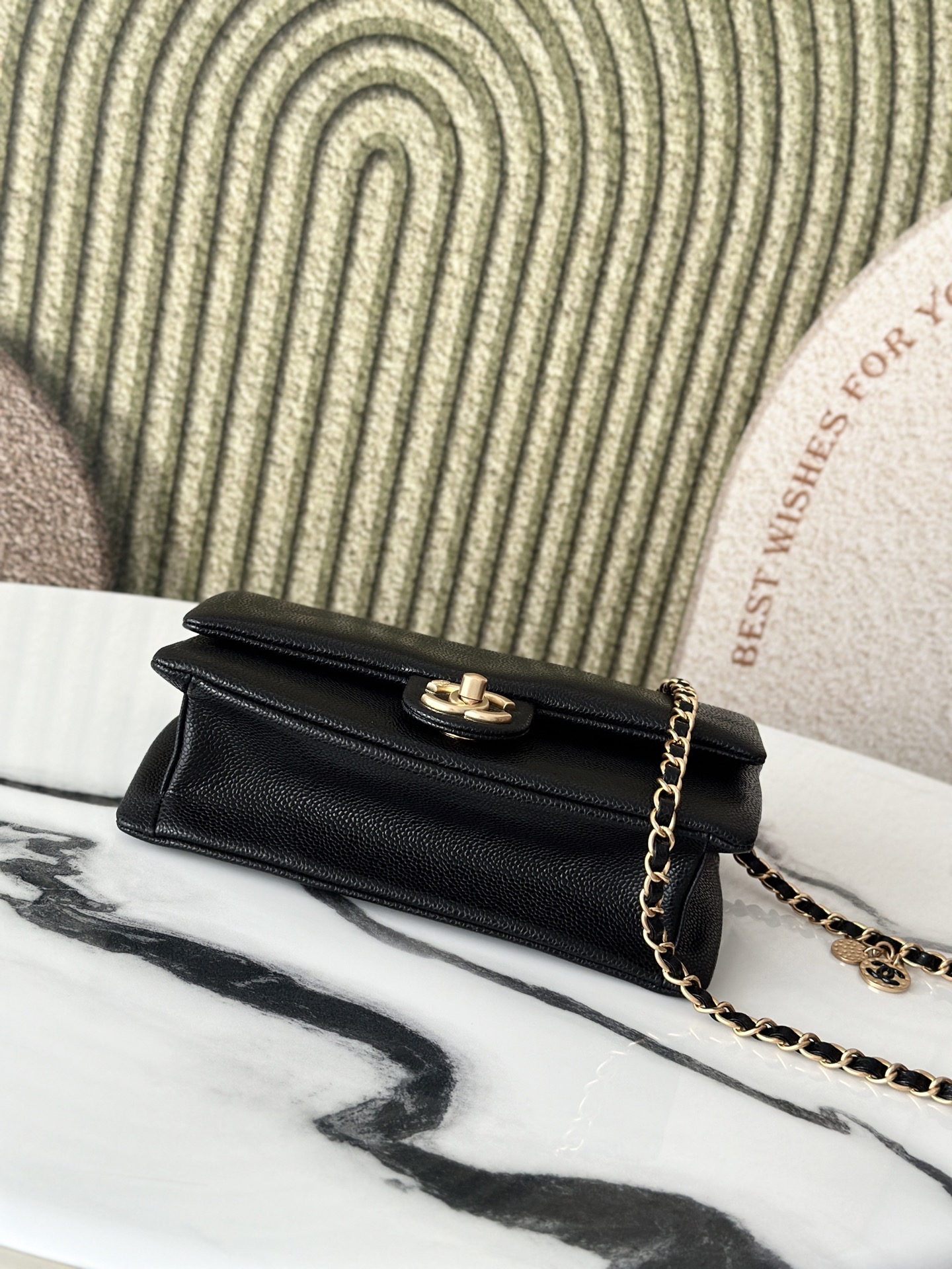 24K Black Caviar Quilted Medium Classic Flap Bag with Gold Hardware and CC Charms - Mocuir