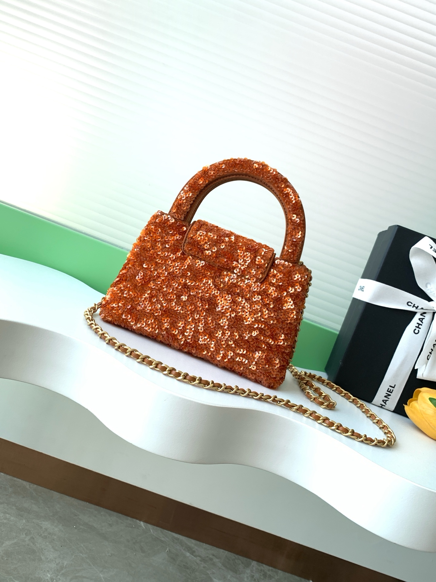 Mini Kelly Top Handle Bag (AS4416) in Caramel Orange Sequins with Light Gold-Tone Hardware - Mocuir