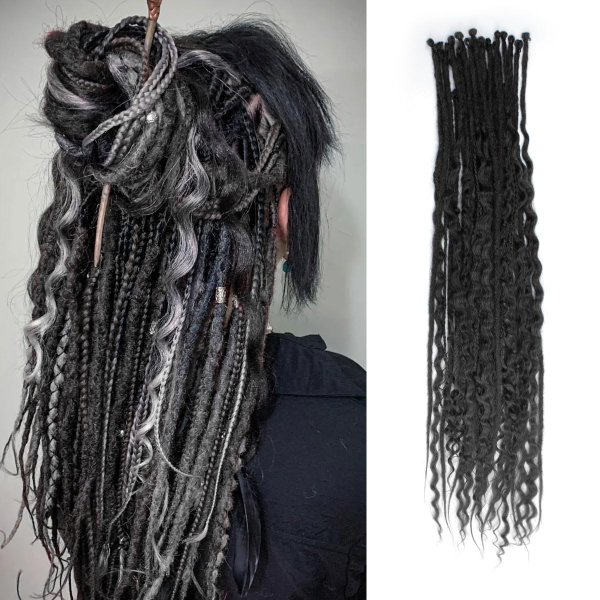 24 Inch 3 In 1 Dreadlock Extensions Sets, 30 Strands Mixed Black Synthetic SE Dreads Extensions, 100% Handmade Soft Single Ended Curly Boho Wavy Dreads for Girls