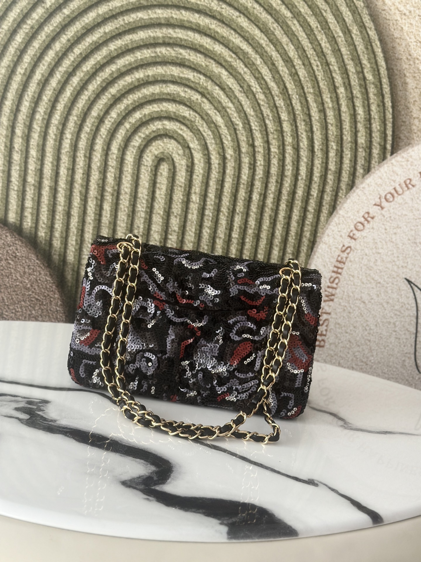 Limited Edition Black Red Grey Sequin Abstract Quilted Mini Classic Flap Bag with Gold-Tone Hardware - Mocuir