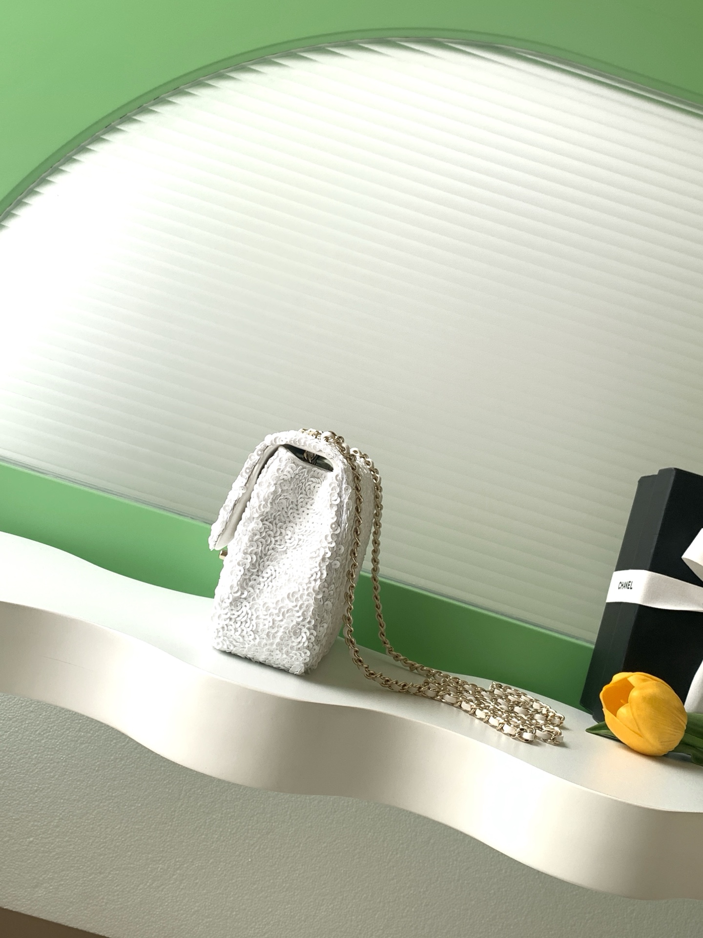 25B White Sequin Classic Flap (AS4561) in Quilted Sequins with Light Gold-Tone Hardware - Mocuir