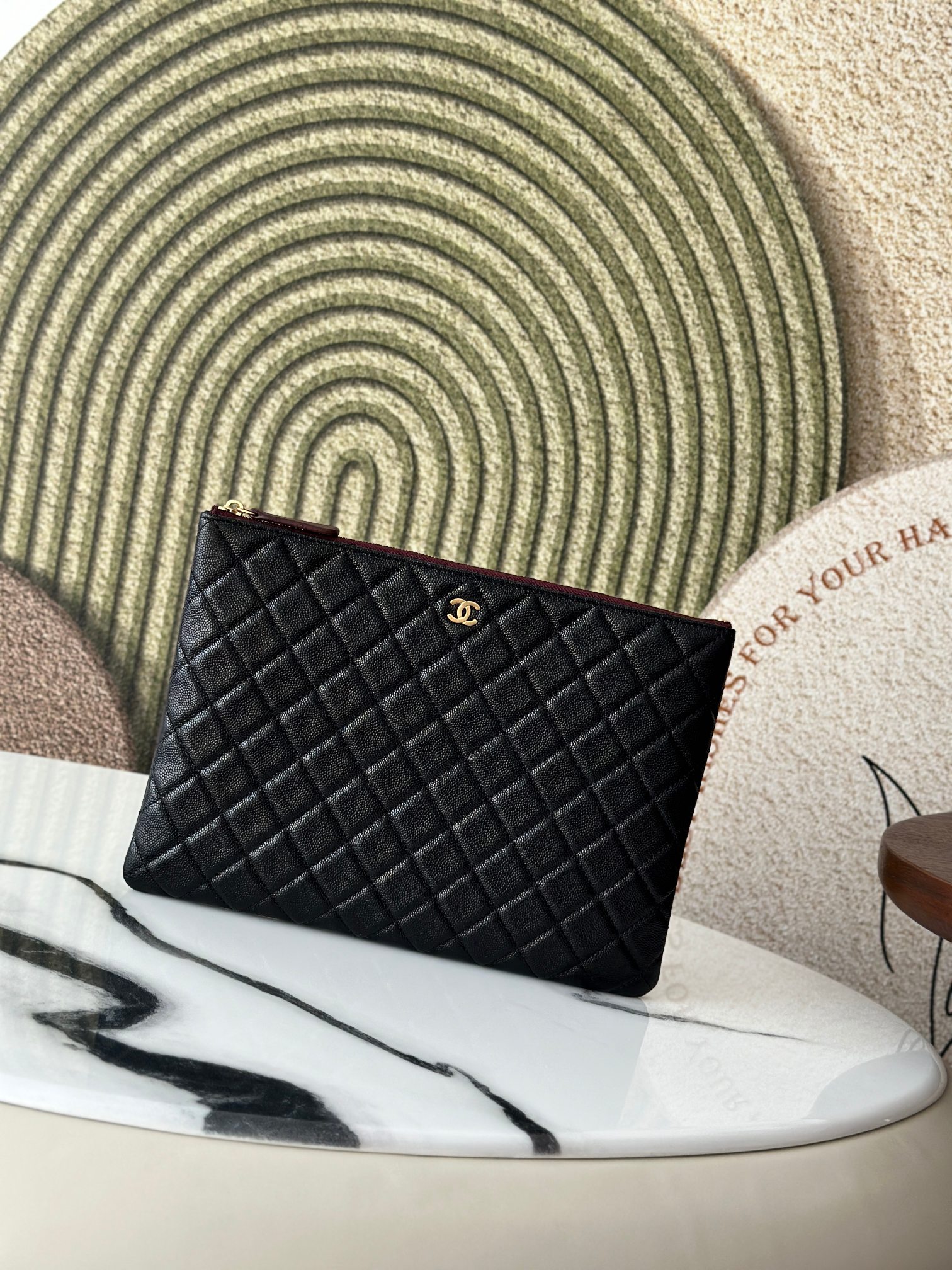 Classic Quilted Caviar Large Zip Pouch Document Case in Black with Gold-Tone Hardware - Mocuir